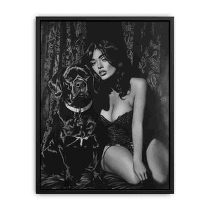 Black and white woman with black dog canvas art for moody bedroom decor.
