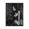 Black and white woman with black dog canvas art for moody bedroom decor.