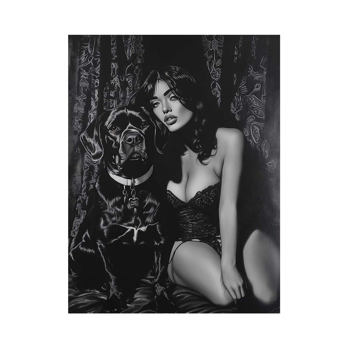 Black and white woman with black dog canvas art for moody bedroom decor.
