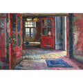 Vintage red hallway interior canvas print for eclectic living room decor.