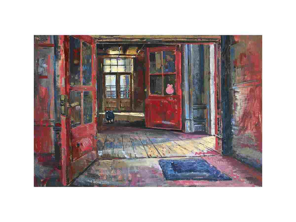 Vintage red hallway interior canvas print for eclectic living room decor.