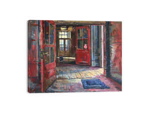Vintage red hallway interior canvas print for eclectic living room decor.