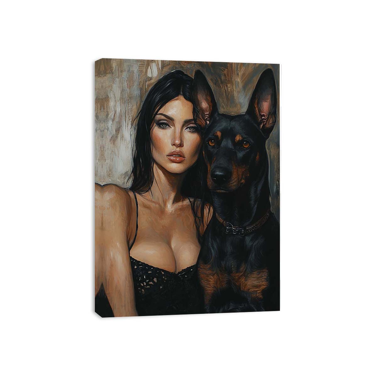 Woman and Doberman portrait canvas art for luxury living room decor.