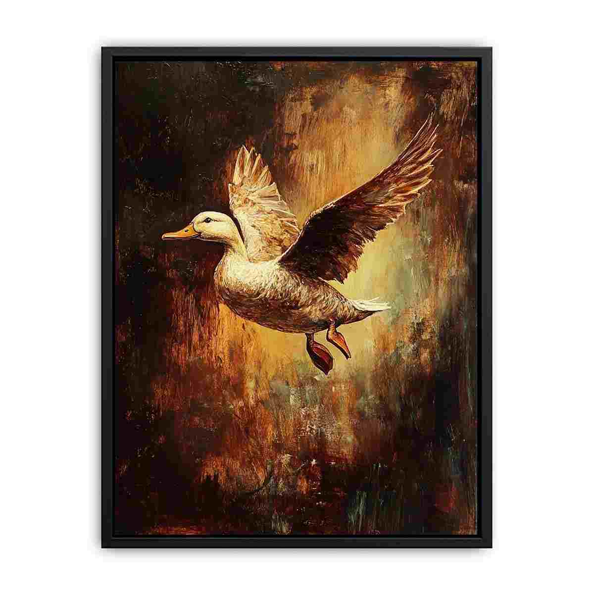 Flying duck artwork with warm rustic texture for living room decor.