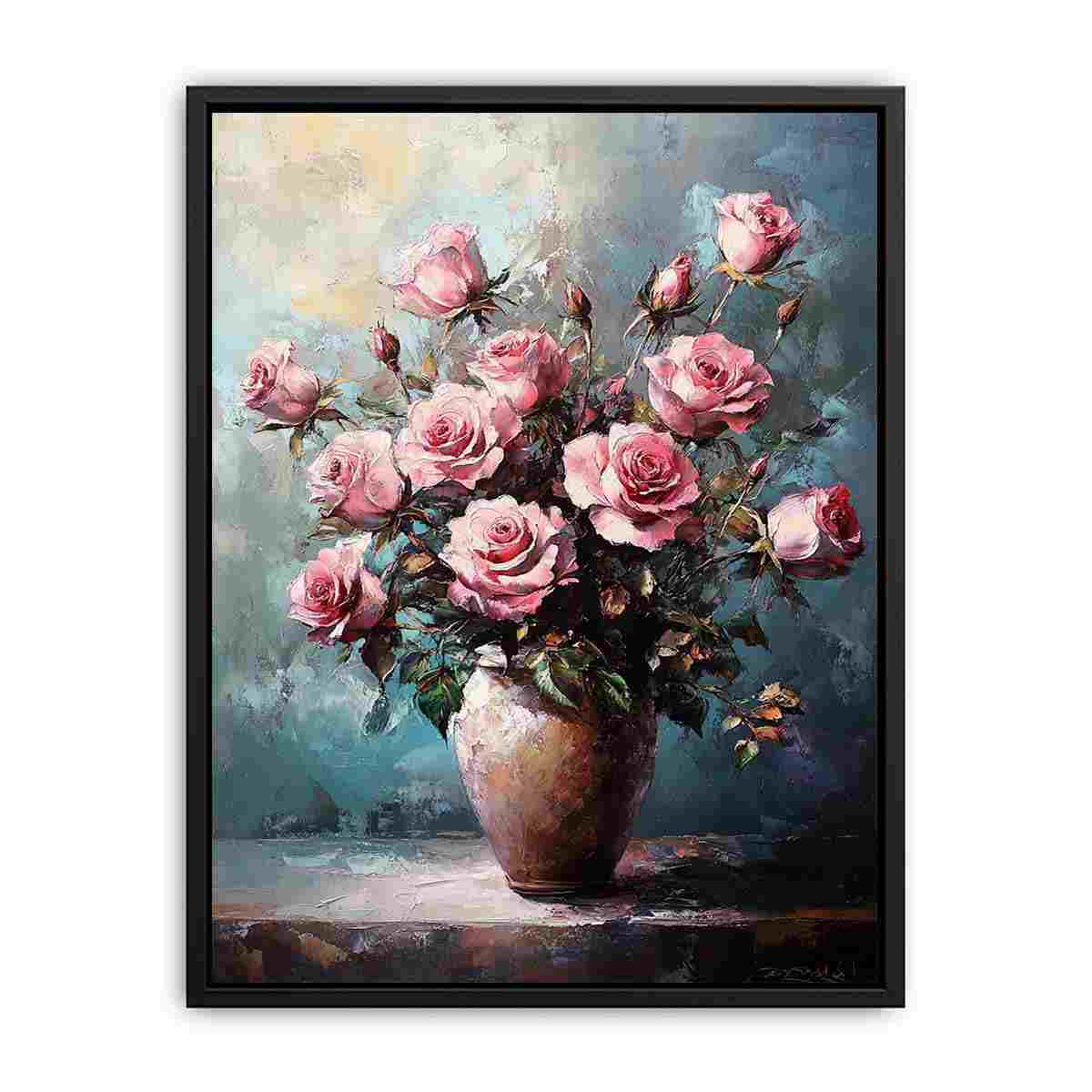 Pink rose bouquet canvas print in vase for elegant living room decor.
