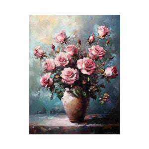 Pink rose bouquet canvas print in vase for elegant living room decor.