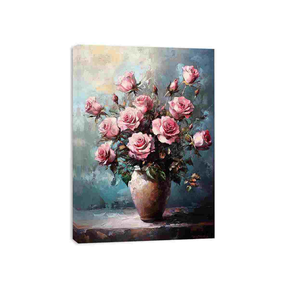 Pink rose bouquet canvas print in vase for elegant living room decor.