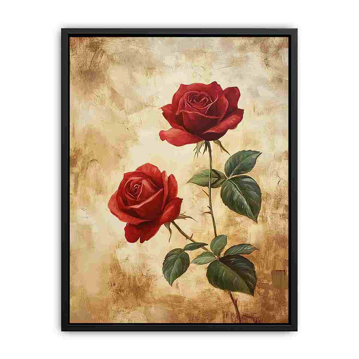 Two red roses framed print style artwork for classic bedroom decor.