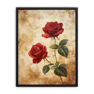 Two red roses framed print style artwork for classic bedroom decor.