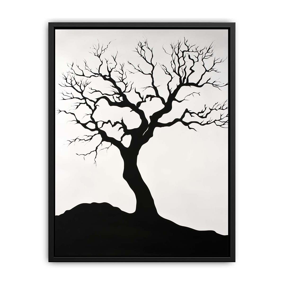 Black tree silhouette wall art for minimalist living room decor.