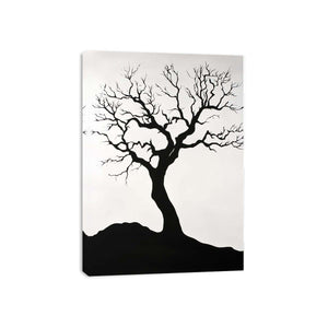 Black tree silhouette wall art for minimalist living room decor.
