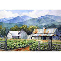 Watercolor farm landscape canvas print with barns and mountains for country decor.