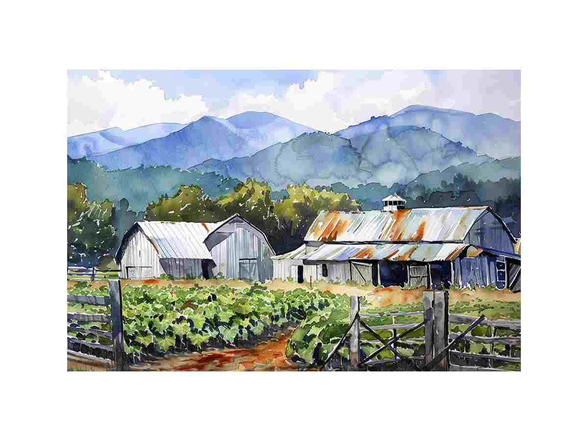 Watercolor farm landscape canvas print with barns and mountains for country decor.