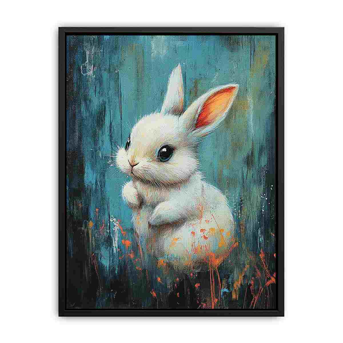 White rabbit canvas art on teal background for playful nursery decor.
