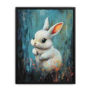 White rabbit canvas art on teal background for playful nursery decor.