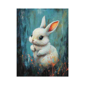 White rabbit canvas art on teal background for playful nursery decor.