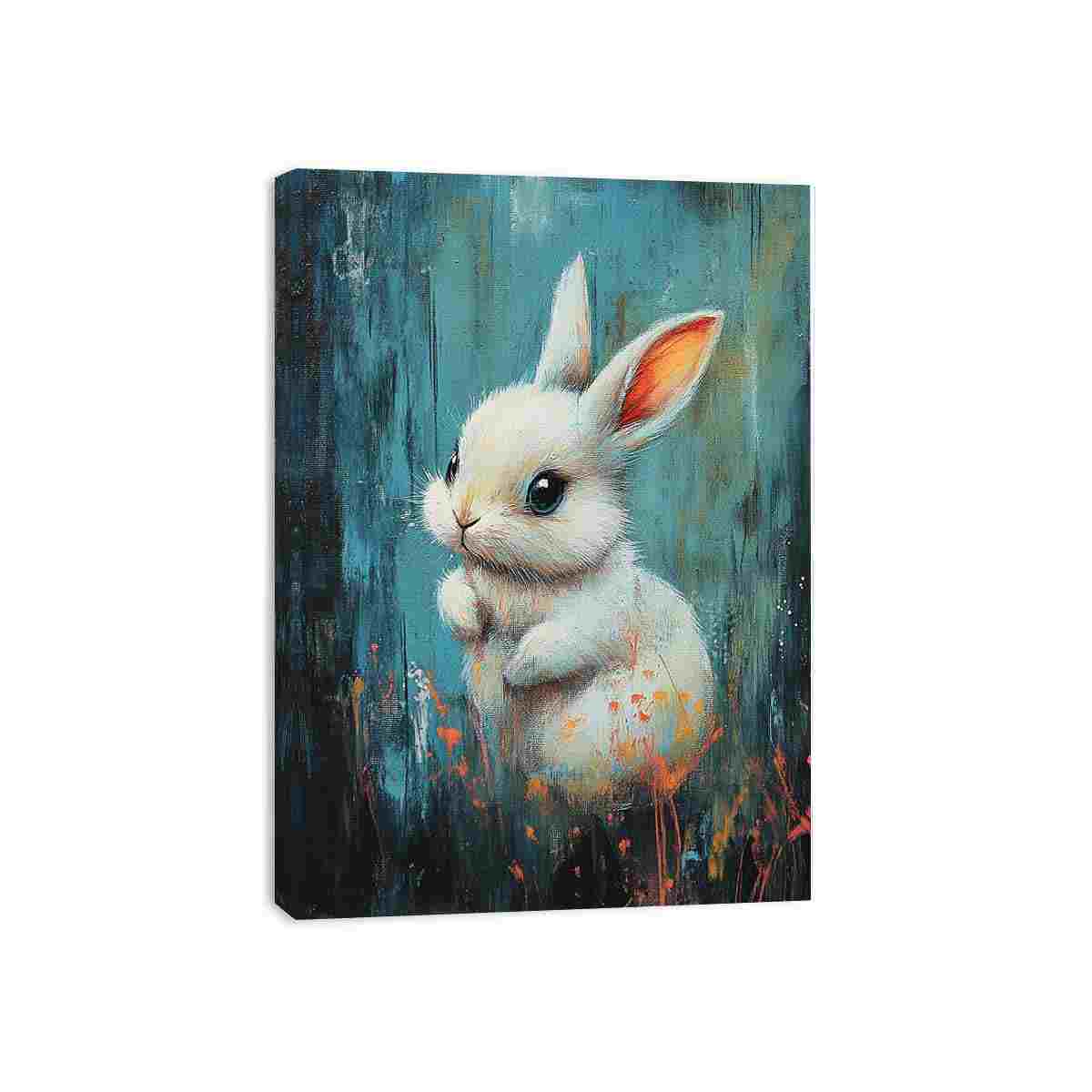 White rabbit canvas art on teal background for playful nursery decor.