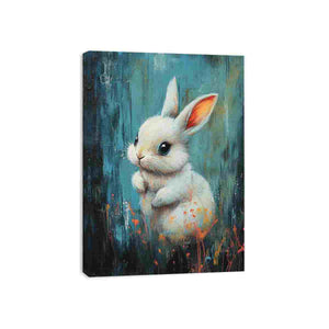 White rabbit canvas art on teal background for playful nursery decor.