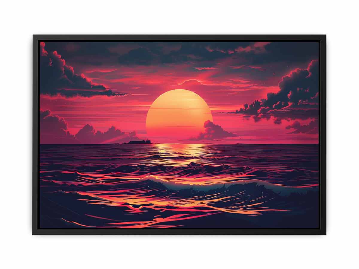 Bold magenta ocean sunset with glowing sun for modern living room decor.
