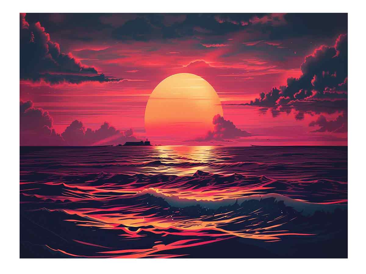 Bold magenta ocean sunset with glowing sun for modern living room decor.