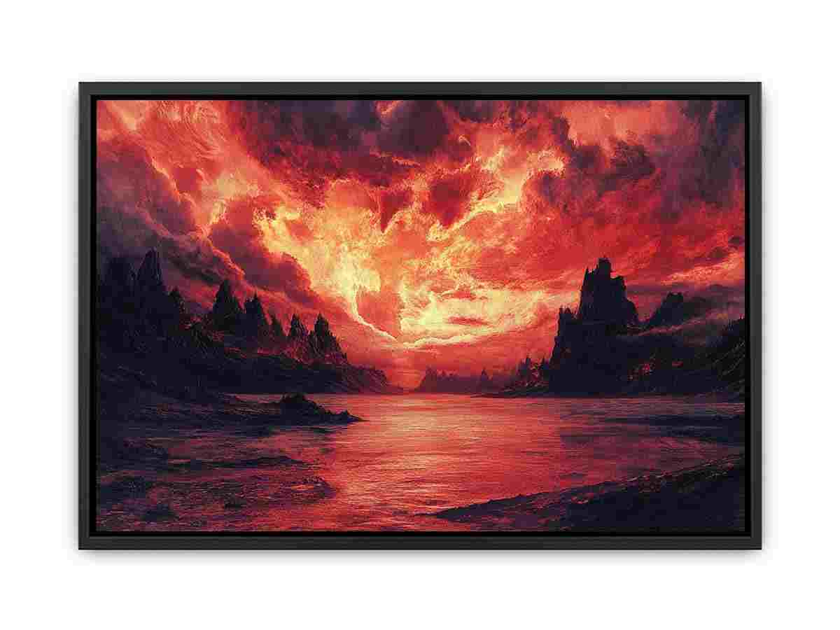 Red fantasy landscape wall art with fiery sky and mountains for statement decor.
