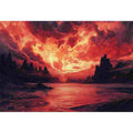 Red fantasy landscape wall art with fiery sky and mountains for statement decor.