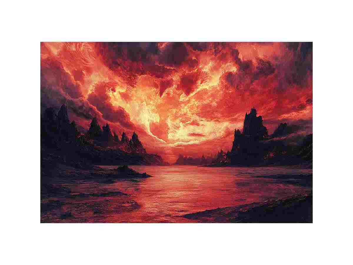 Red fantasy landscape wall art with fiery sky and mountains for statement decor.