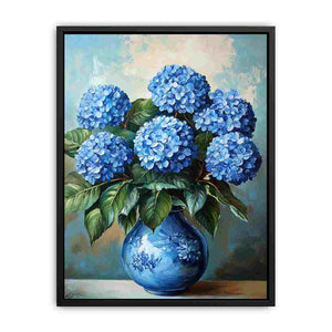 Blue hydrangea bouquet in vase canvas print for elegant living room decor.