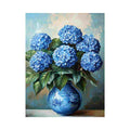 Blue hydrangea bouquet in vase canvas print for elegant living room decor.