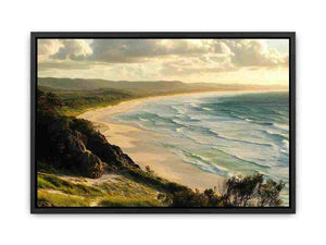 Large coastal beach canvas art with ocean waves for relaxed living room decor.