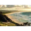 Large coastal beach canvas art with ocean waves for relaxed living room decor.