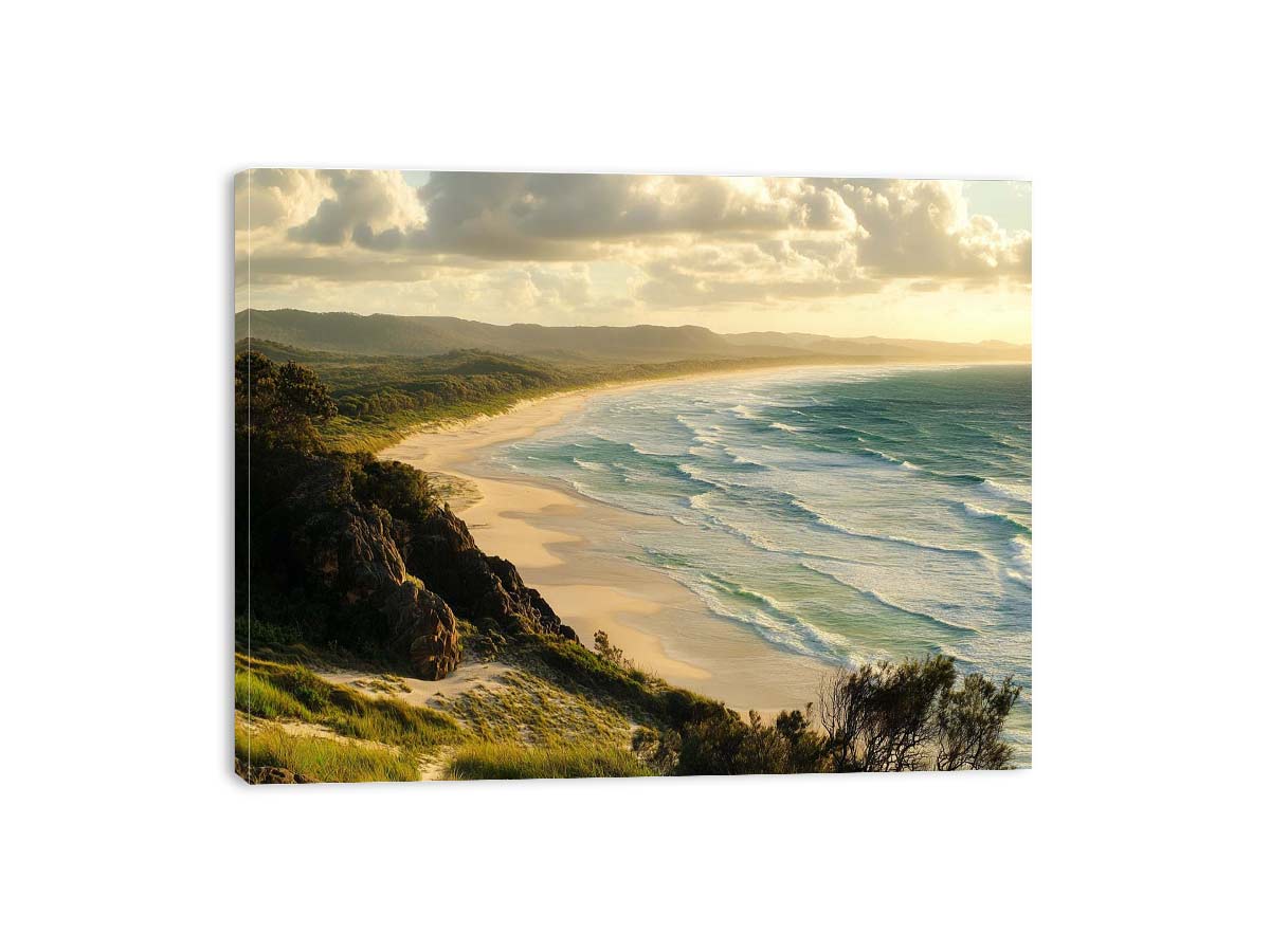 Large coastal beach canvas art with ocean waves for relaxed living room decor.
