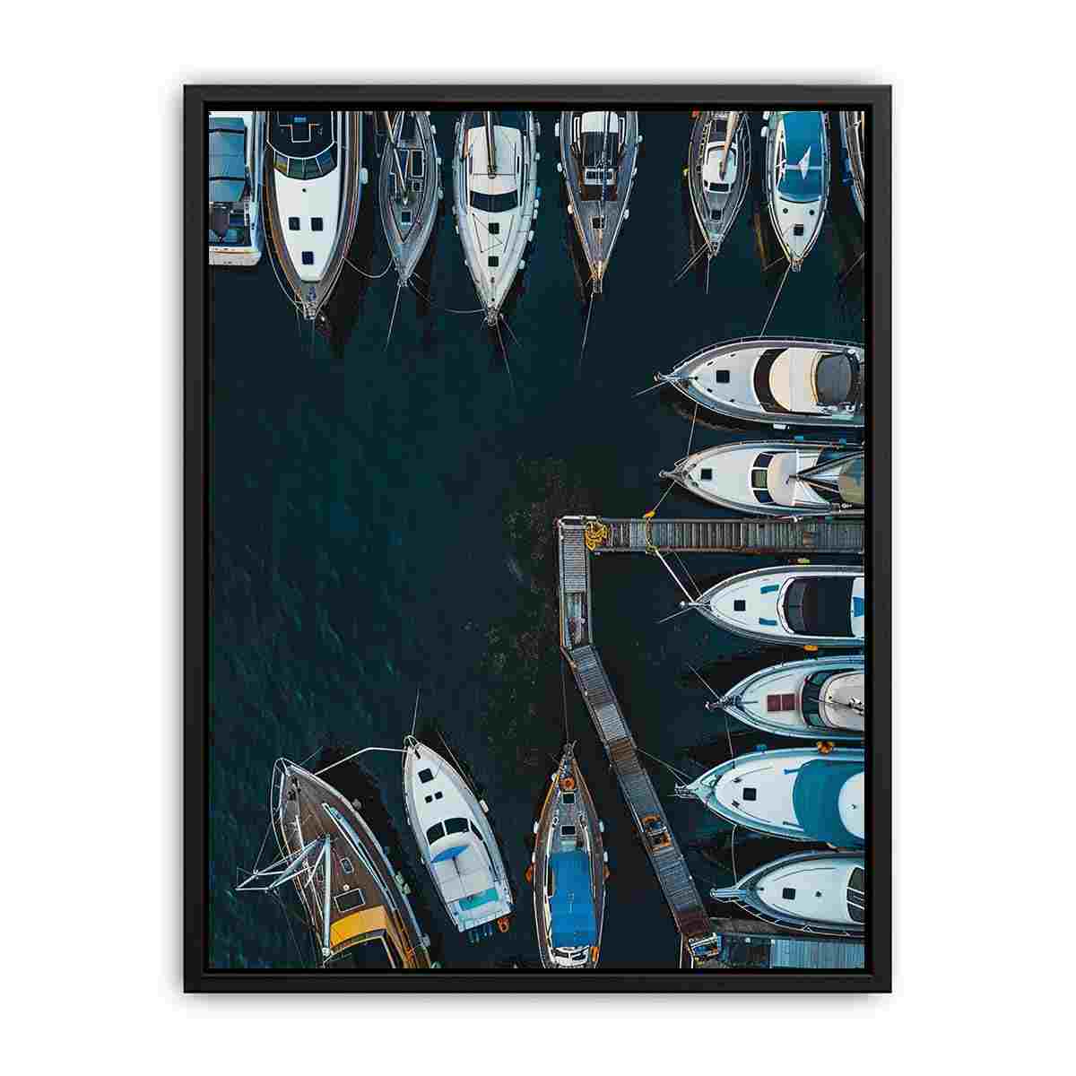 Aerial marina boat canvas art for modern office, hallway, or coastal decor.
