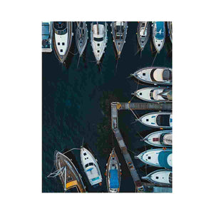 Aerial marina boat canvas art for modern office, hallway, or coastal decor.