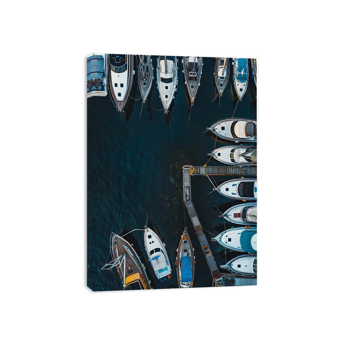 Aerial marina boat canvas art for modern office, hallway, or coastal decor.