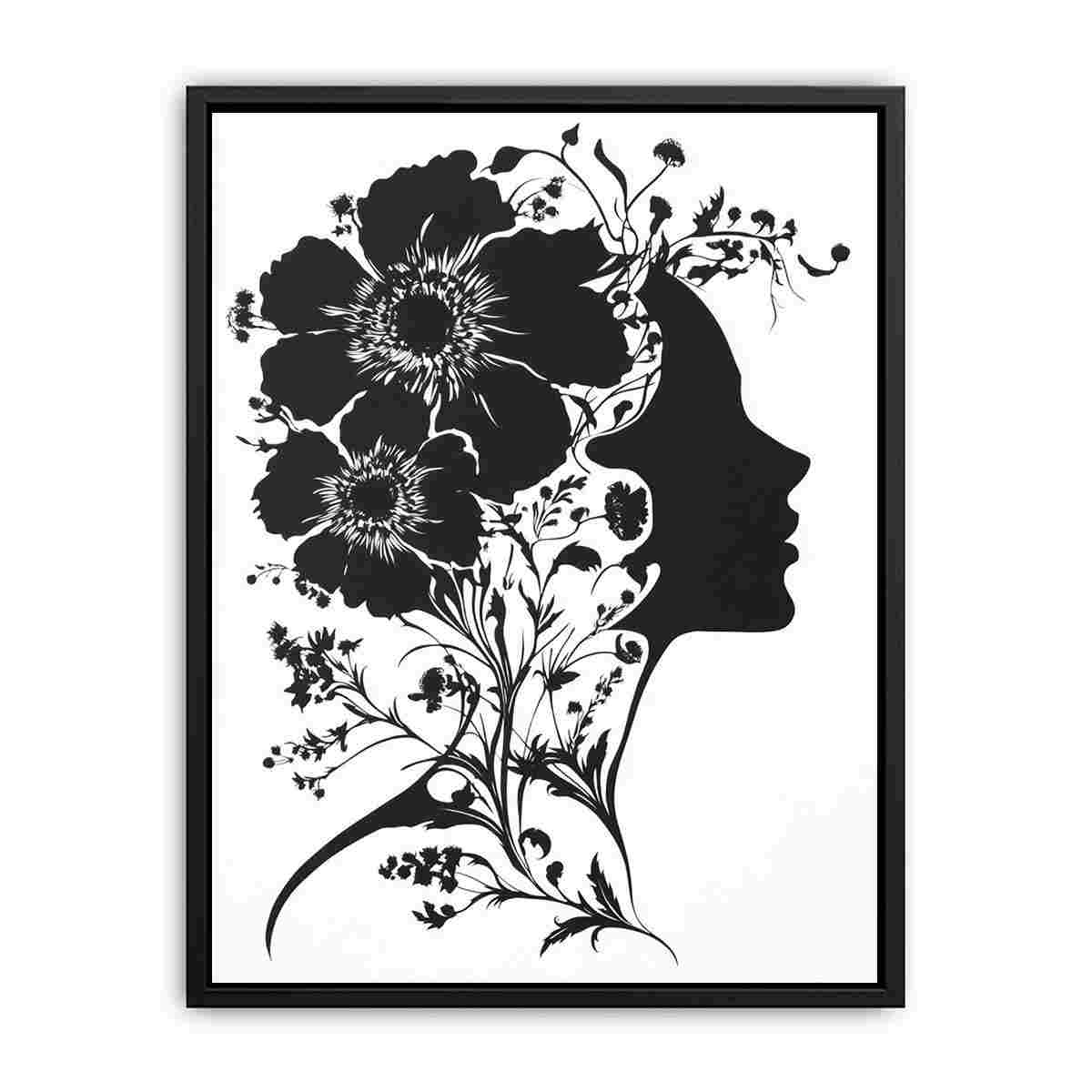 Black and white floral woman silhouette wall art for modern bedroom decor.