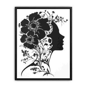 Black and white floral woman silhouette wall art for modern bedroom decor.