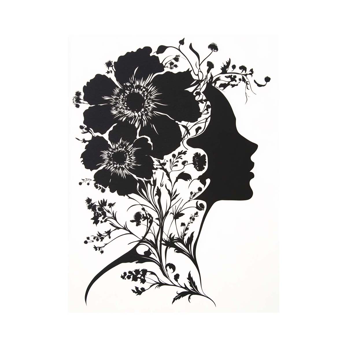 Black and white floral woman silhouette wall art for modern bedroom decor.