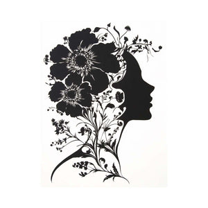 Black and white floral woman silhouette wall art for modern bedroom decor.