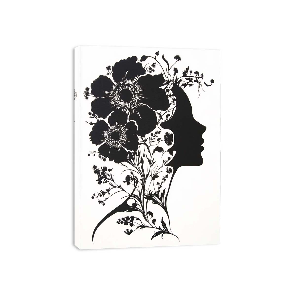 Black and white floral woman silhouette wall art for modern bedroom decor.