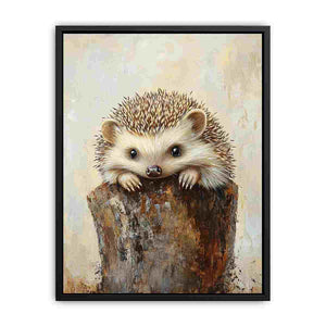 Cute hedgehog canvas art with rustic woodland texture for nursery or bedroom decor.