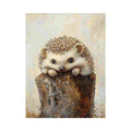 Cute hedgehog canvas art with rustic woodland texture for nursery or bedroom decor.