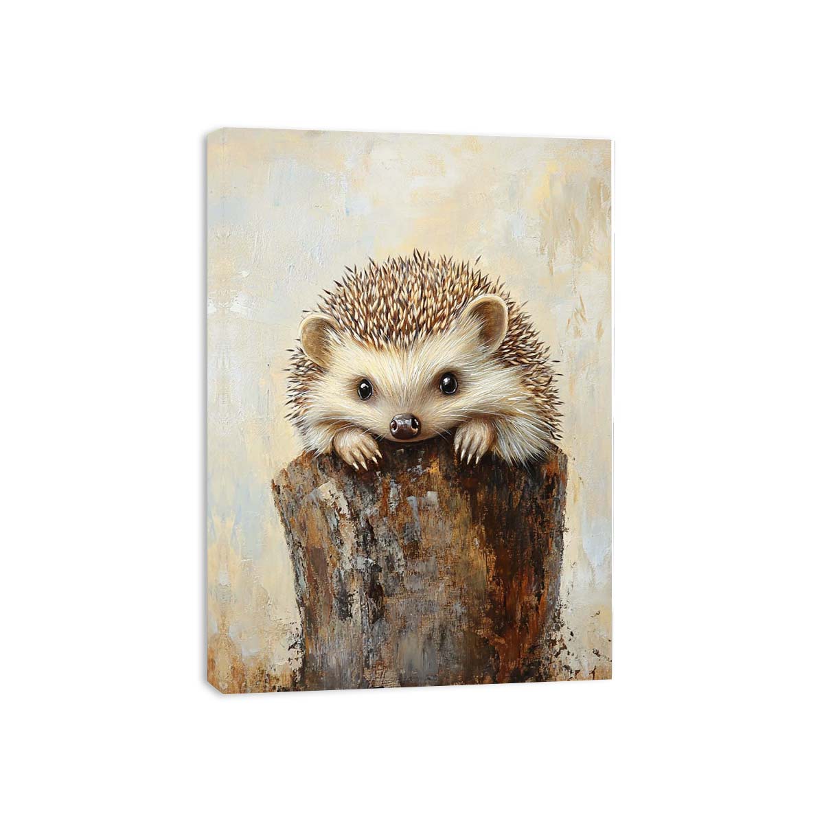 Cute hedgehog canvas art with rustic woodland texture for nursery or bedroom decor.