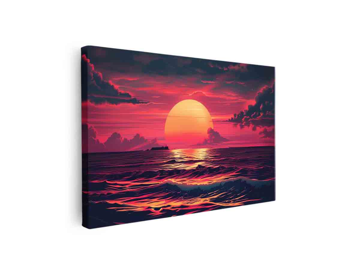 Bold magenta ocean sunset with glowing sun for modern living room decor.