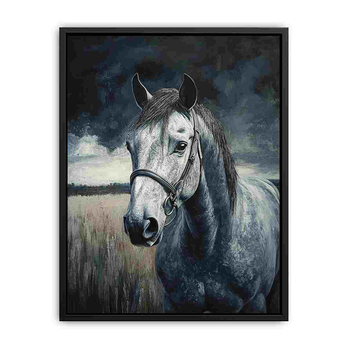 Moody grey horse portrait canvas art for sophisticated office or living room decor.