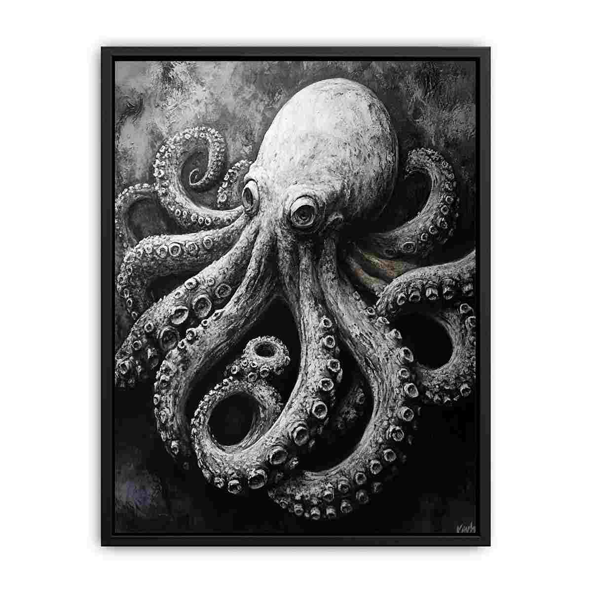Black and white octopus canvas art for moody coastal office or bathroom decor.