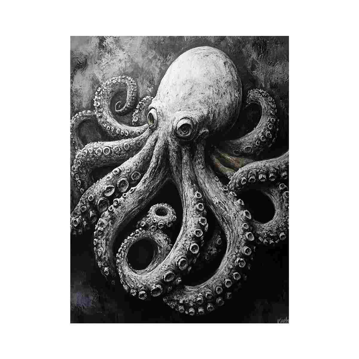 Black and white octopus canvas art for moody coastal office or bathroom decor.