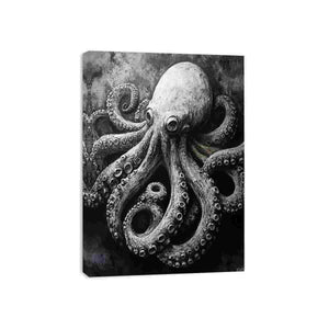 Black and white octopus canvas art for moody coastal office or bathroom decor.