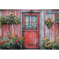Rustic red garden door canvas art with cottage flowers for cozy farmhouse entryway decor.