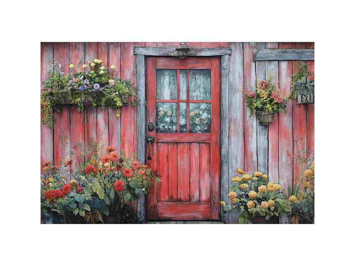 Rustic red garden door canvas art with cottage flowers for cozy farmhouse entryway decor.